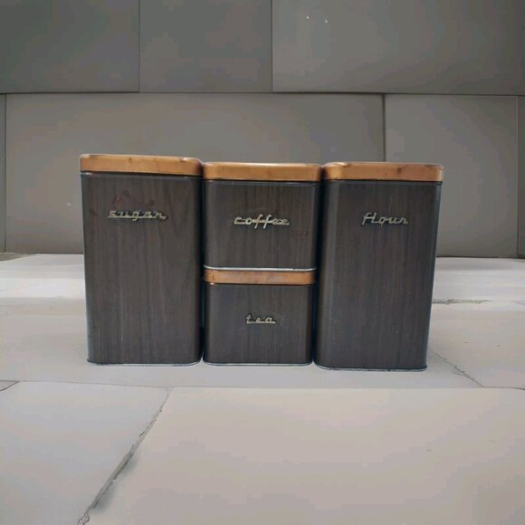 Kenmore Brown Metal Canister Set-Flour-Sugar-Coffee-Tea-Mid Century Kitchen-READ - Picture 1 of 16